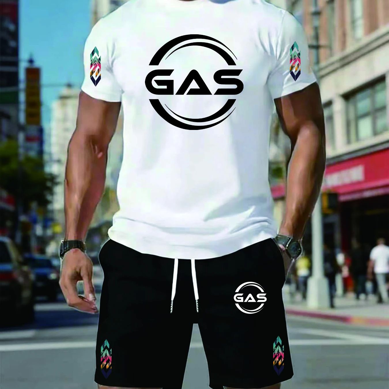 新しいメンズスポーツウェア半袖Tシャツとアスレチックショーツ、夏用カジュアルジョガーパンツセット、メンズツーピース衣装