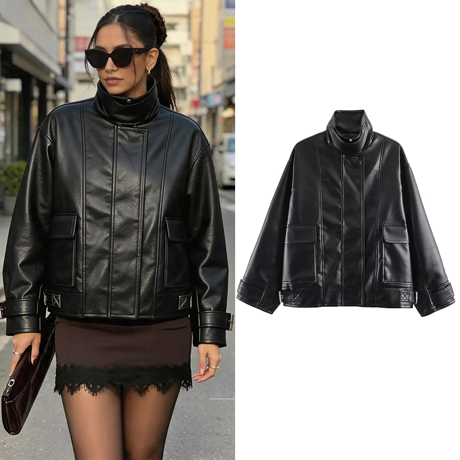 女性フェイクレザー黒ジャケット女性のための新しいスタンドカラーボンバージャケットシングルブレスト長袖コートルーズレディジャケット