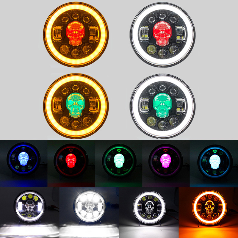 高輝度オートバイ LED ヘッドライト 5 75 インチハーレーチョッパーマスタングのためのカスタムスカルデザイン