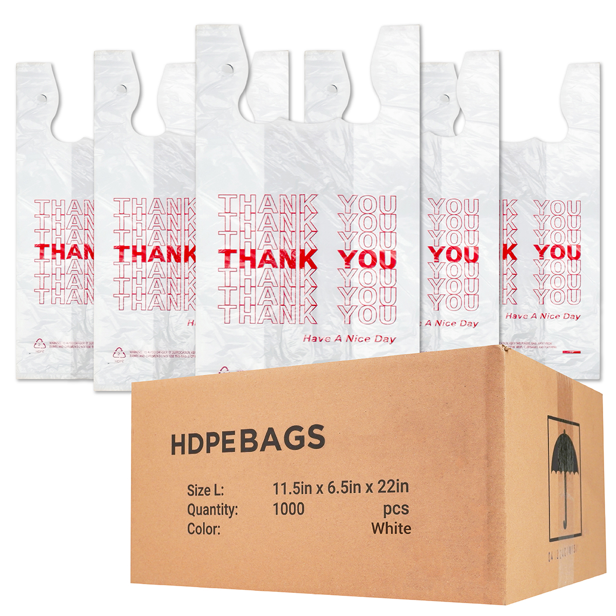 高耐久Thank You Tシャツキャリーバッグ、ホワイト、1000枚、11.5 x 6.5 x 22インチ、HDPE食料品ショッピングバッグ