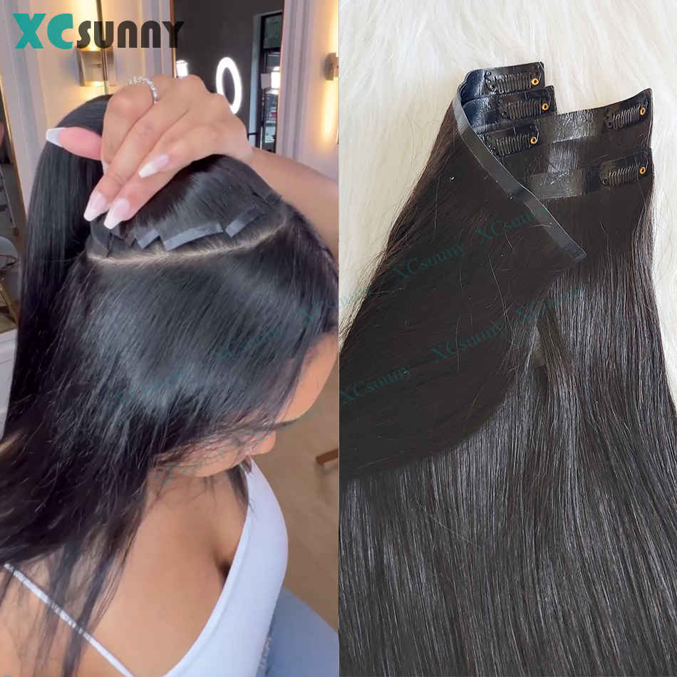 シームレスストレートクリップイン人毛 PU クリップヘアエクステンション人毛二重描画スキン横糸クリップ女性のための 100 グラム-240 グラム