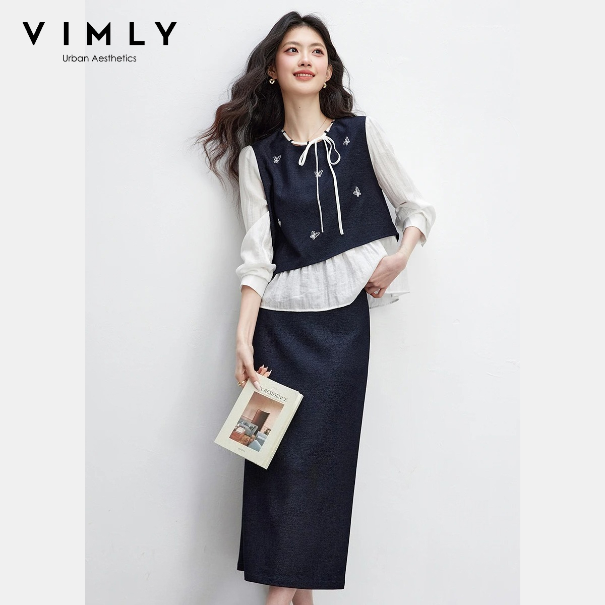 VIMLY Women's Elegant Color Block Skirt Sets 2026 Spring New Fake Two-Piece Embroidery Splicing Top Minimalist Midi Skirt A3995