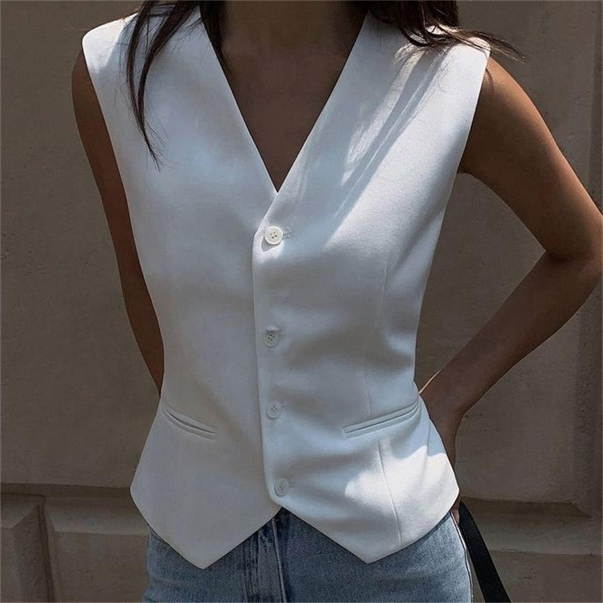 女性ファッションノースリーブスーツベスト固体シングルブレスト V ネックトップスエレガントなオフィスレディ服スリムカジュアルストリートカーディガン