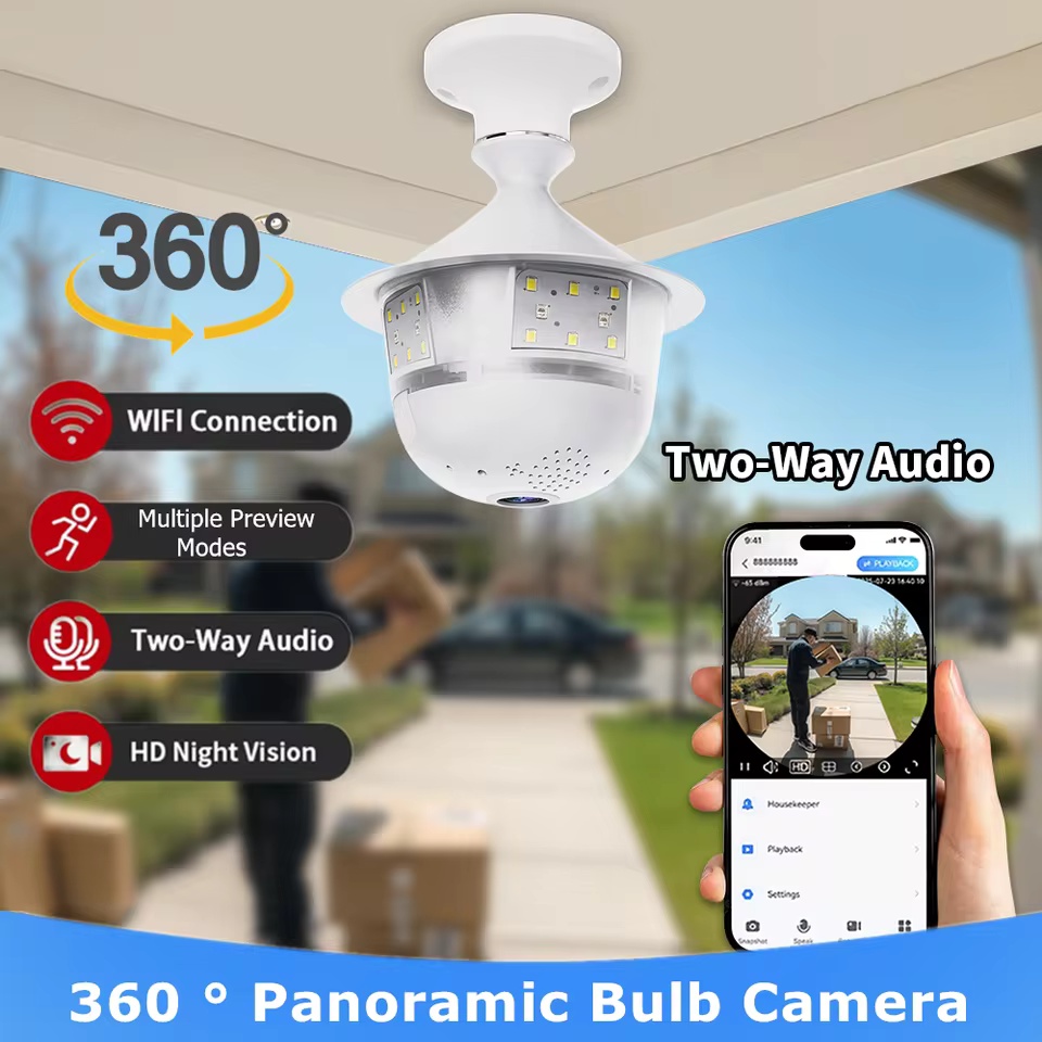 5MP Wifi 360 パノラマ魚眼屋内 IP CCTV 電球セキュリティカメラフルカラーナイトビジョン双方向音声ワイヤレス自動追跡