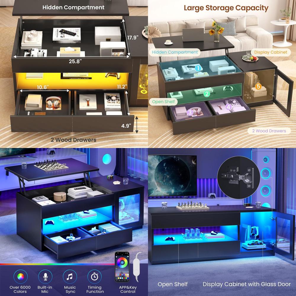 39.4 大型強化ガラストップコーヒーテーブル、引き出し 2 つ、LED 照明、ブラック