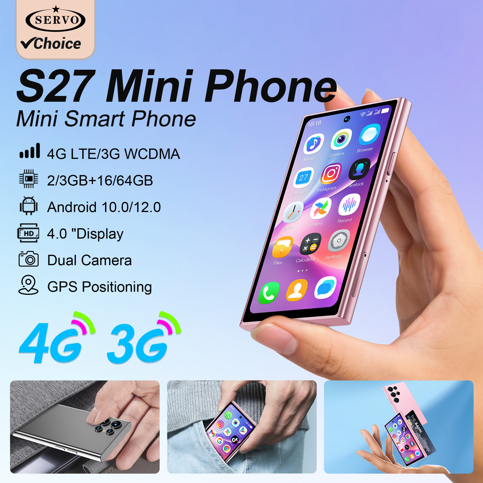 SERVO S27 ミニ 3G/4G ミニ携帯電話デュアル SIM 3GB 64GB フェイスアンロック Play ストア GPS WiFi 4.0" ディスプレイ Android 小さなスマートフォン