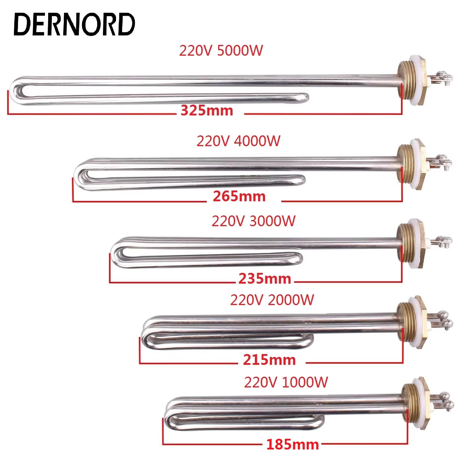DERNORD 1kw 2kw 3kw 4kw 5kw 1 "BSP U タイプ AC 電気折返し発熱体 220V 真鍮フランジ浸漬給湯器