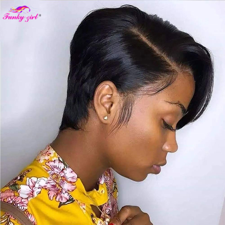 ショートボブウィッグピクシーカットレミーヘアブラジルストレート人毛透明 T レース部分事前摘み取られたボブかつら黒人女性のための