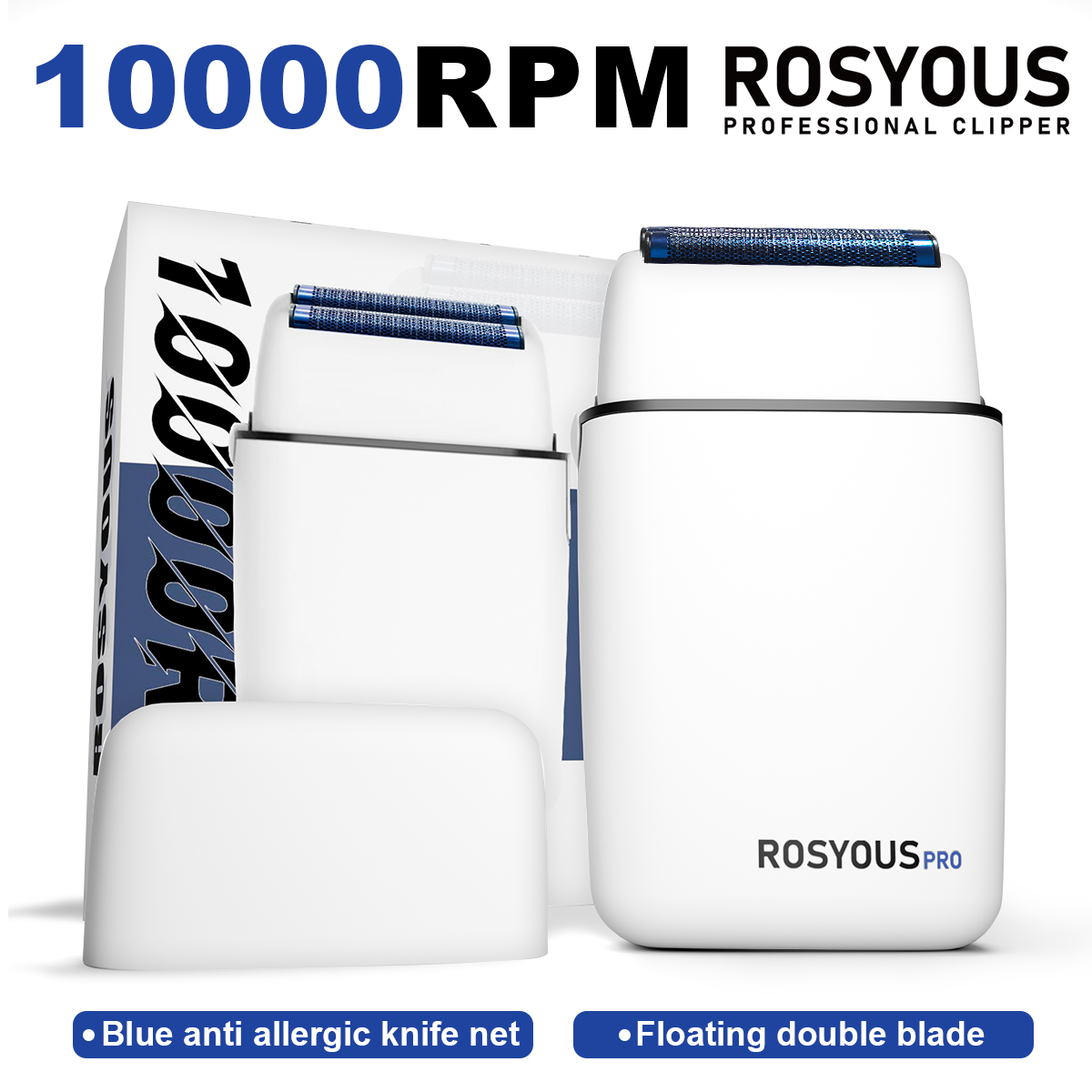 ROSYOUS RS620 メンズシェービングマシン 10000RPM ダブルフォイルブルー低刺激性ナイフネット電気ひげトリマー理髪店