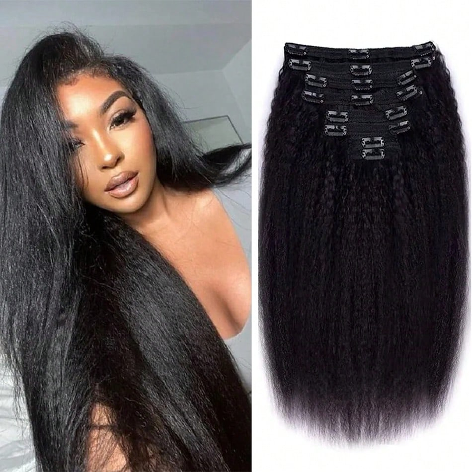 クリップインヘアエクステンション本物の人毛 8 個変態ストレートクリップインエクステンションソフトシルキーブラジリアンインビジブルエッジ全頭用