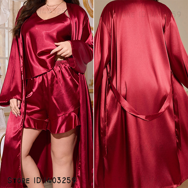 プラスサイズ 5XL 女性 3 個ローブセットパジャマブルゴーニュシルキーサテンパジャマロング着物バスローブガウンルースホームドレス部屋着