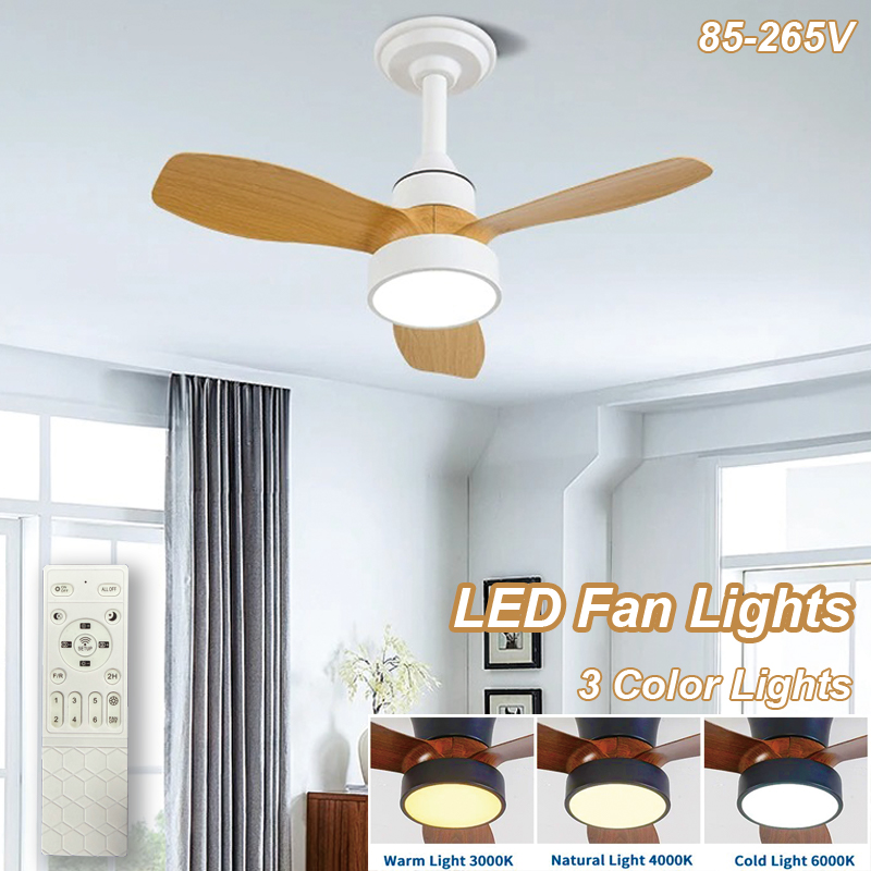 62/82cm Ceiling Fan LED Light 3 Color Lights 3 Speed Reversible AC Motor Remote Control for Living Room Indoor Fan Lighting