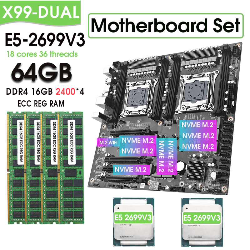 X99 デュアルマザーボードセットコンボキット XEON E5 2699 V3*2 および 4*16GB= 64GB 2400MHz DDR4 ECC REG メモリ LGA2011 V3 V4 M.2 SATA3.0