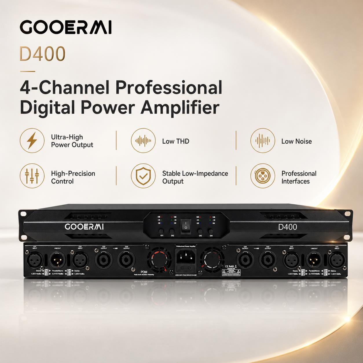 Gooermi D400 1U クラス D パワーアンプ 1200W 2/4 チャンネルプロフェッショナルデジタル PA アンプ DJ ステージオーディオシステム用