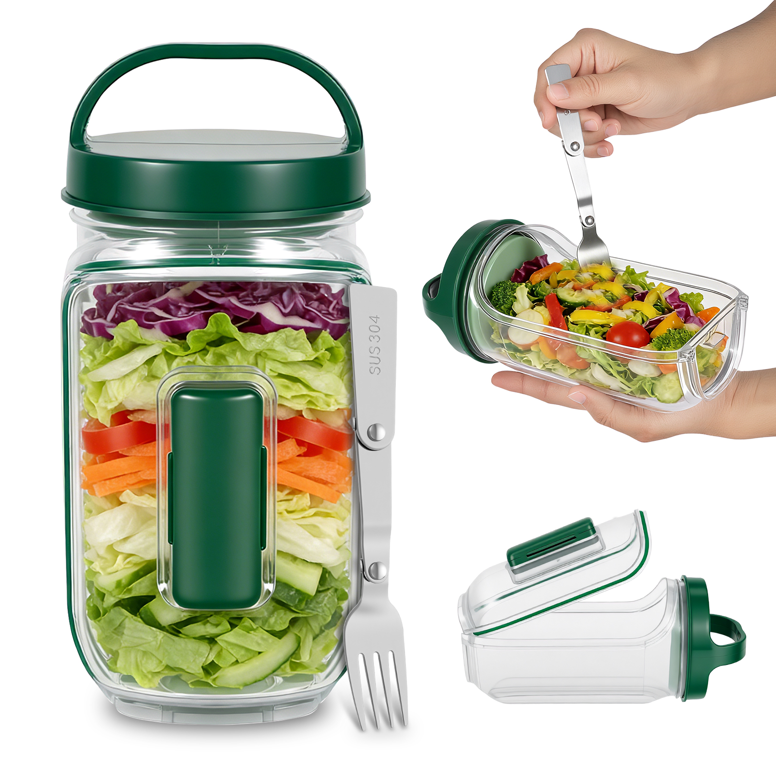 サラダポッド野菜フルーツサラダジャー蓋付きステンレススチールフォークポータブル密閉食品保存キャニスターボックスオフィスピクニ用