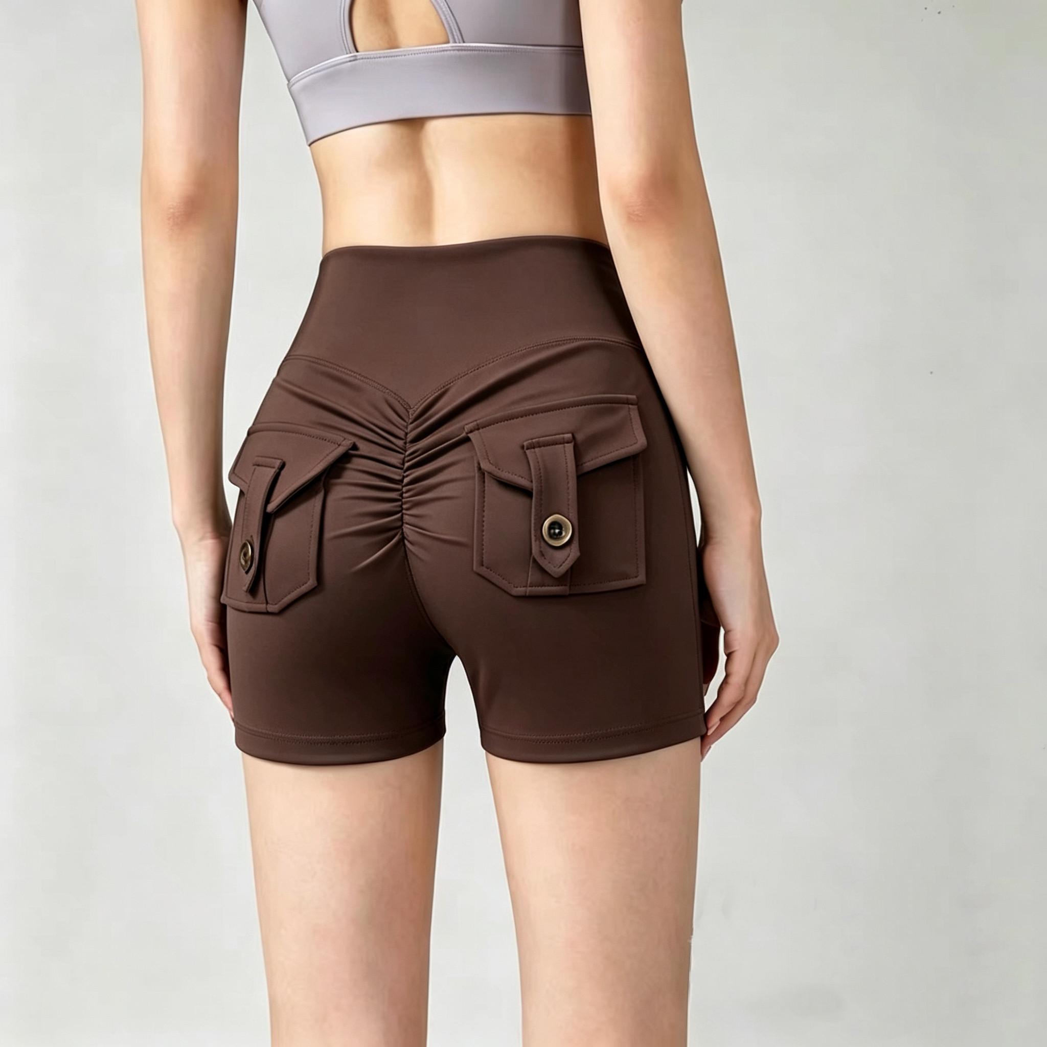 Sexy Peach Seam High-Waisted Yoga Pants Nude Three-Quarter Length Women's Butt-Lifting Fitness Shorts with Pockets for Running