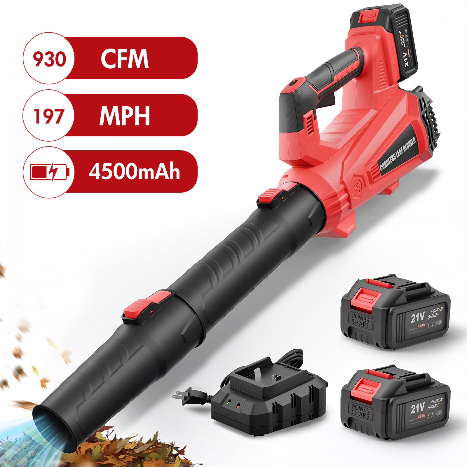 コードレスリーフブロワー電動ハンドヘルドエアブロワー6スピード19000 RPM 930CFM / 197MPH 2 x 4000mAhバッテリーリーフコンピュータ集塵機クリーナー庭のケア用葉ほこり
