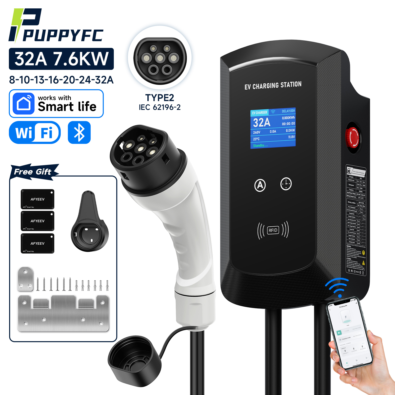 Puppyfc EV 充電器 32A 7.6KW 電気自動車車の充電器 EVSE ウォールボックス 11KW 22KW 3 相 Type2 5 メートル IEC62196-2 ソケット APP 制御