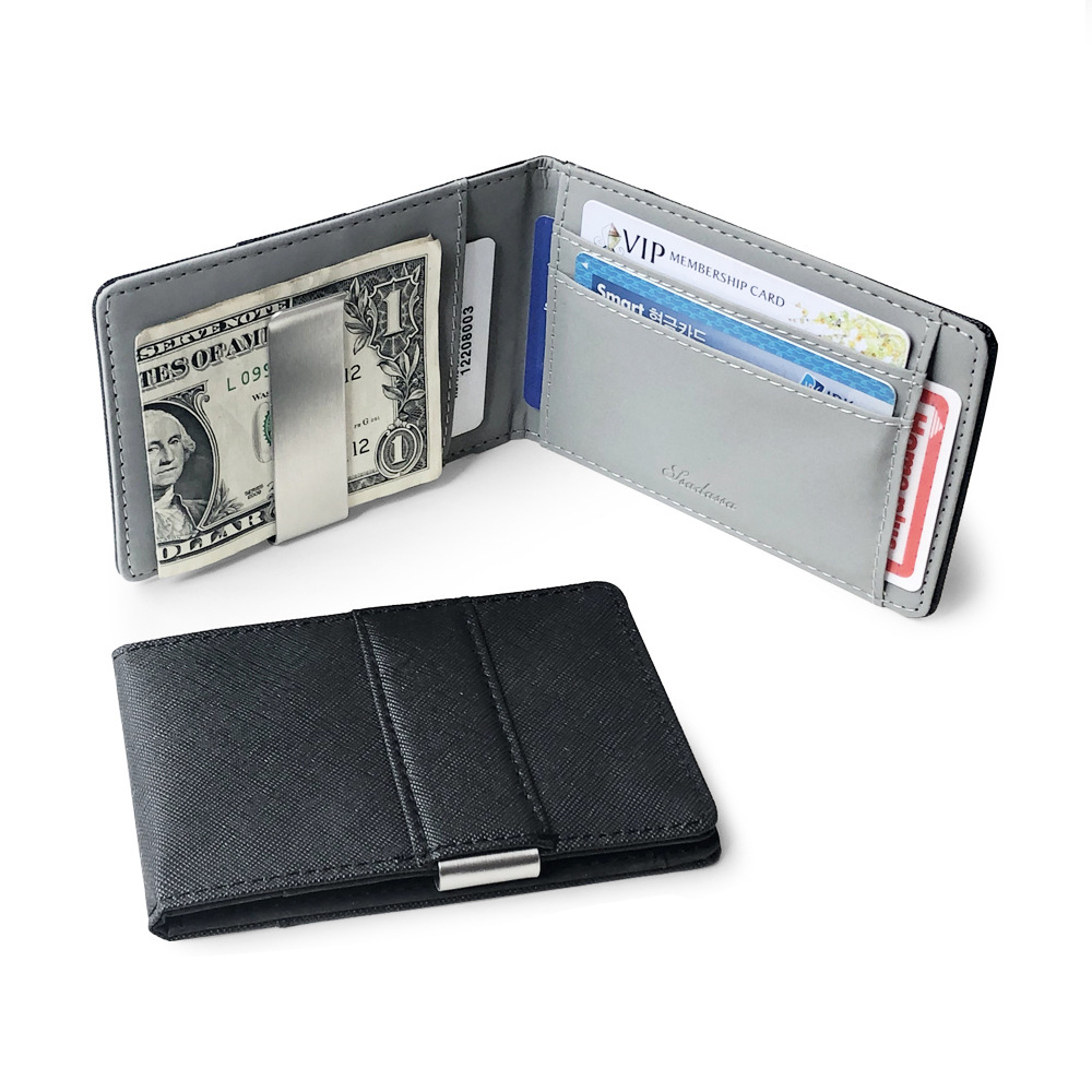 ホット販売ファッション固体メンズ薄型二つ折りマネークリップ革財布金属クランプ女性 ID クレジットカード財布現金ホルダー
