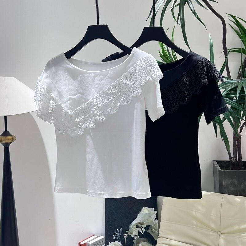 女性スプライシングレーストリムコットンクロップ Tシャツ 2026 夏の新スリムフィット半袖 2 色黒、白のファッションカジュアルトップス Tシャツ
