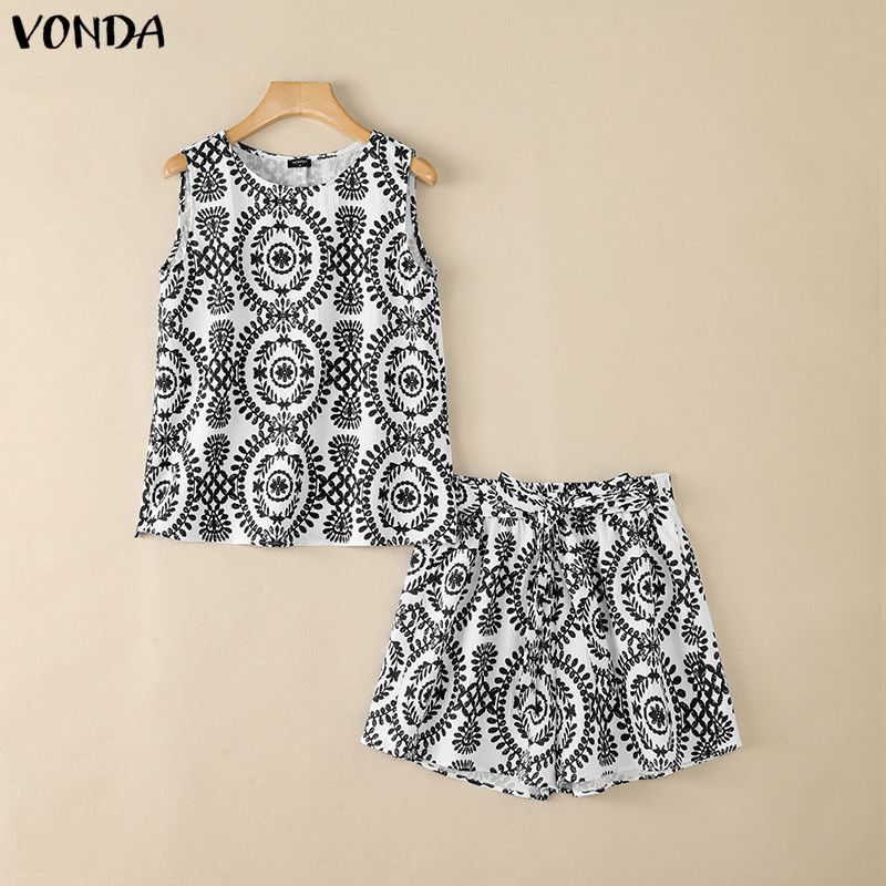 プラスサイズ VONDA 女性セット 2026 プリントノースリーブトップスショートパンツカジュアルレディースレースアップマッチングセット 2 個ビーチ衣装