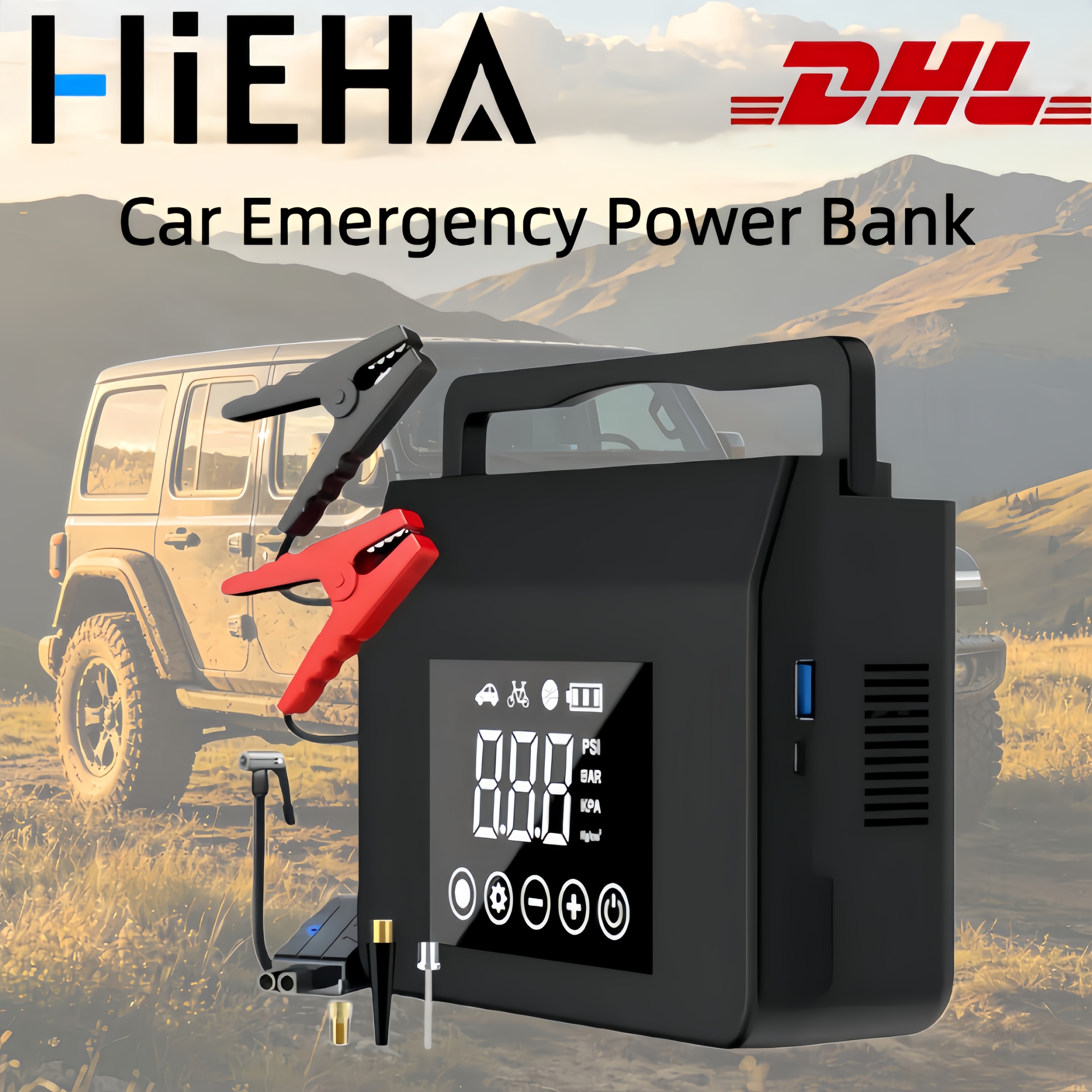 Hieha 2026 アップグレードされた 4000A 車用ジャンプスターター、150PSI エアコンプレッサー、12V 車両用 LED ライト付き 15000mAh パワーバンク