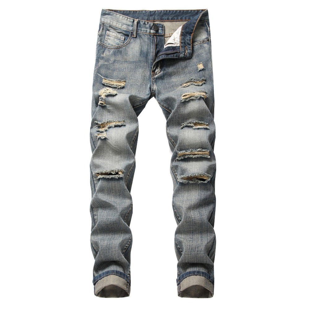 パンクストリートスタイルリッピングスキニージーンズ男性ヴィンテージウォッシュ固体デニムズボンメンズカジュアルスリムフィットペンシルデニム穴パンツ 2024