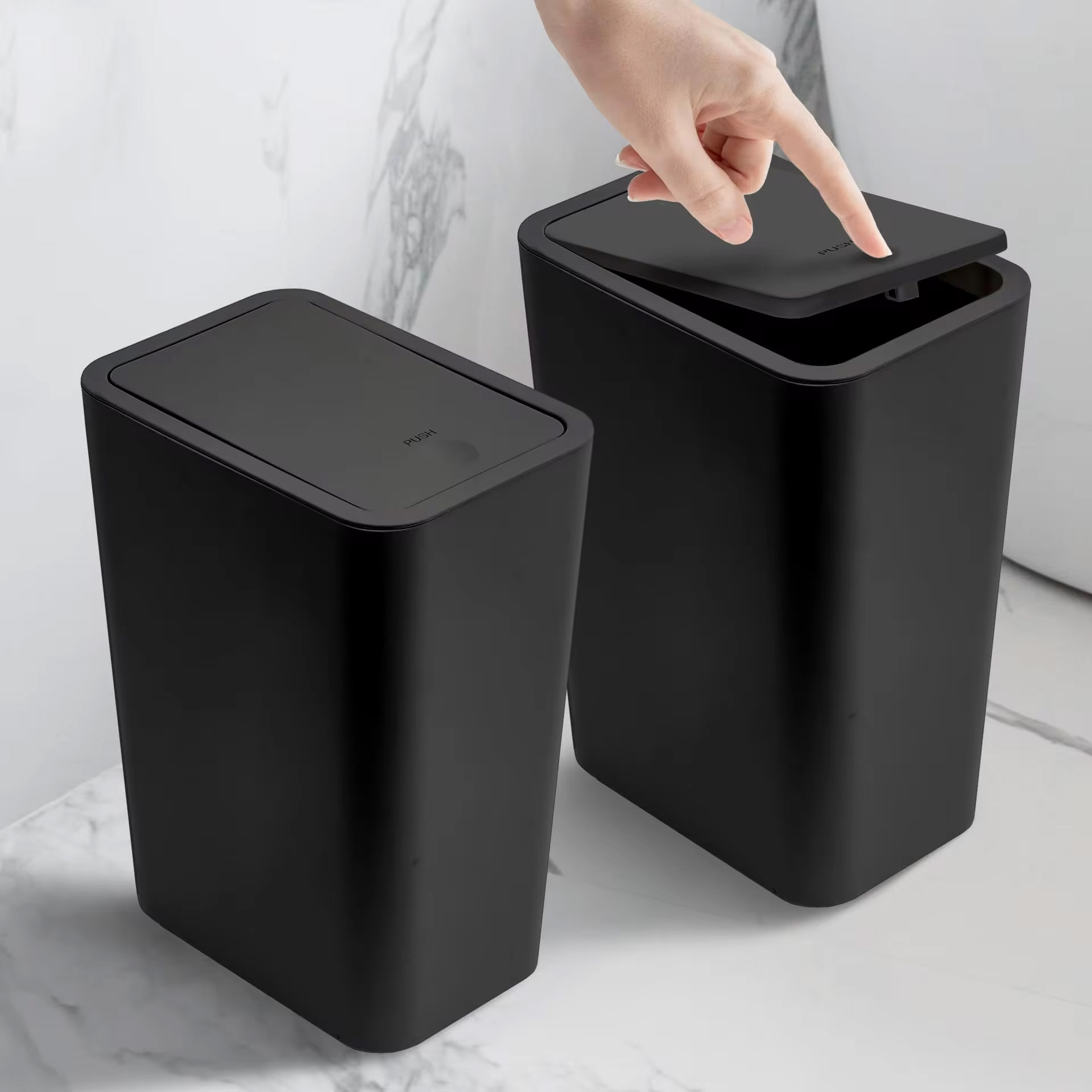 バスルーム用ゴミ箱-10L 小型ゴミ箱 プレス上蓋付き トイレ、寝室、リビングルーム用 – ポップアップ蓋付きプラスチック製ゴミ箱