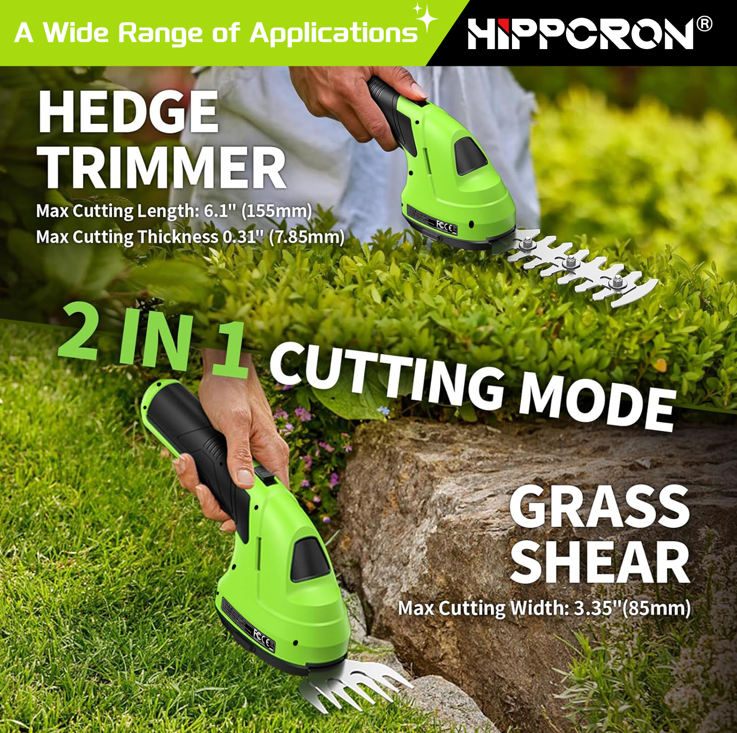 Hippcron 2 in 1 電動ヘッジトリマー ハンドヘルド コードレス草鋏 充電式リチウムイオン電池と Type-C ケーブル付き