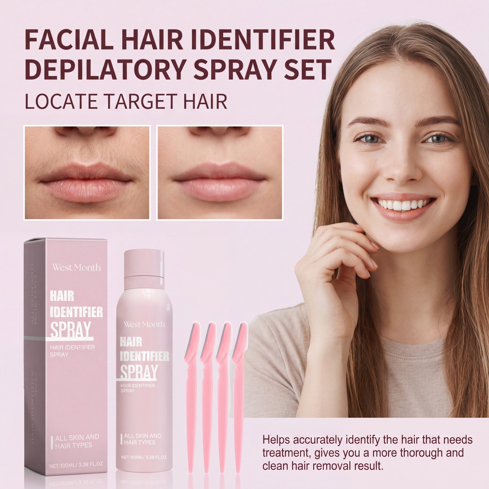 顔シェービング用ヘア識別スプレー、スキンボディダーマプレーニングスプレー保湿とスキンケアセット脱毛キットフェイスケア