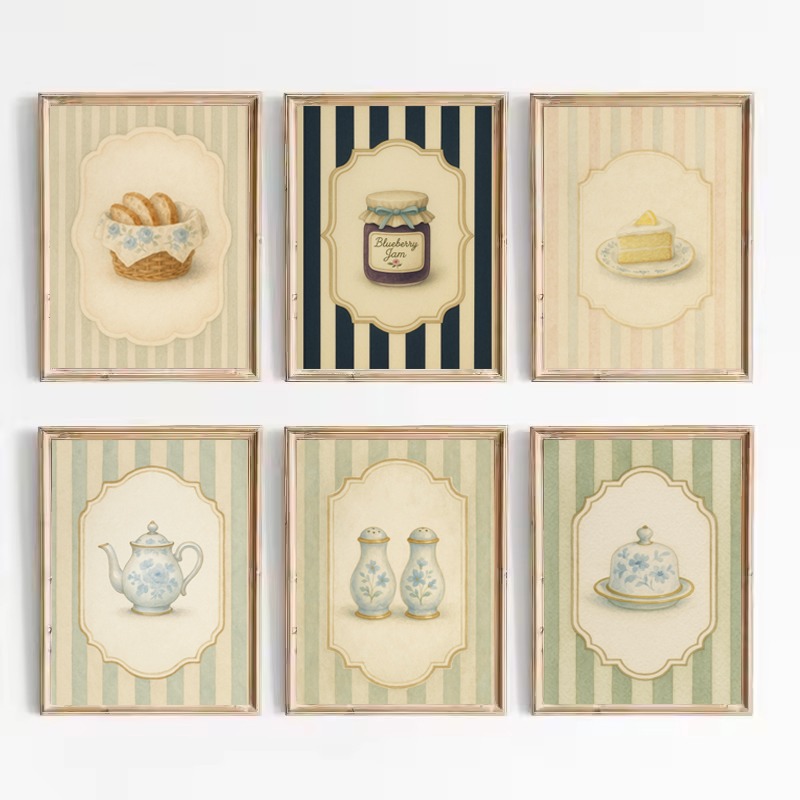 ヴィンテージフレンチキッチン食品パンバスケット塩とコショウ入れブルーベリージャムポスターキャンバス絵画壁絵家の装飾