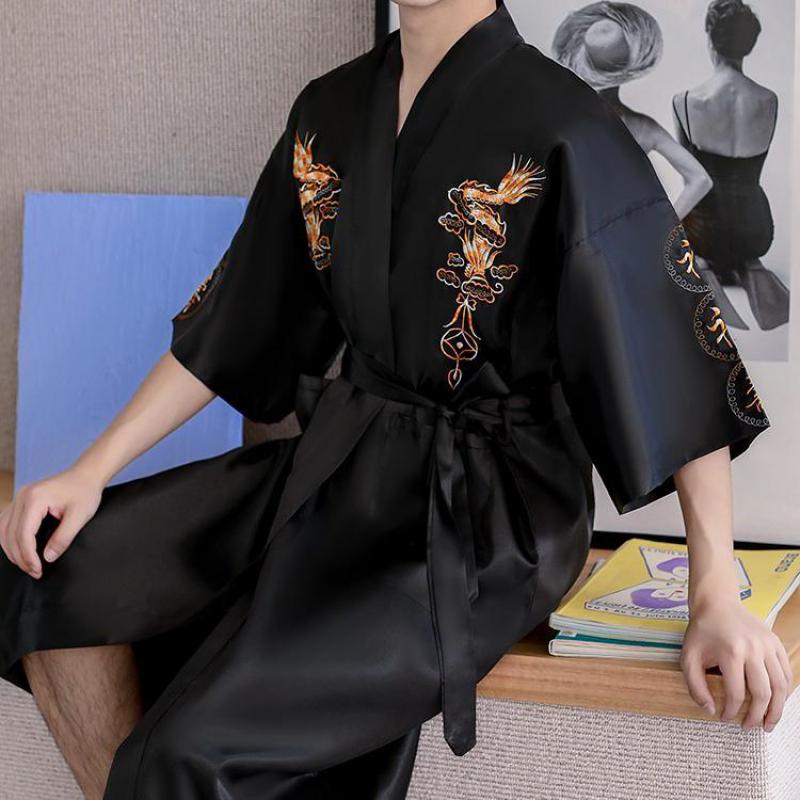 パジャマ男性ローブ刺繍ドラゴン夏着物バスガウンセクシーなナイトウェアルーズバスローブランジェリー V ネック特大部屋着