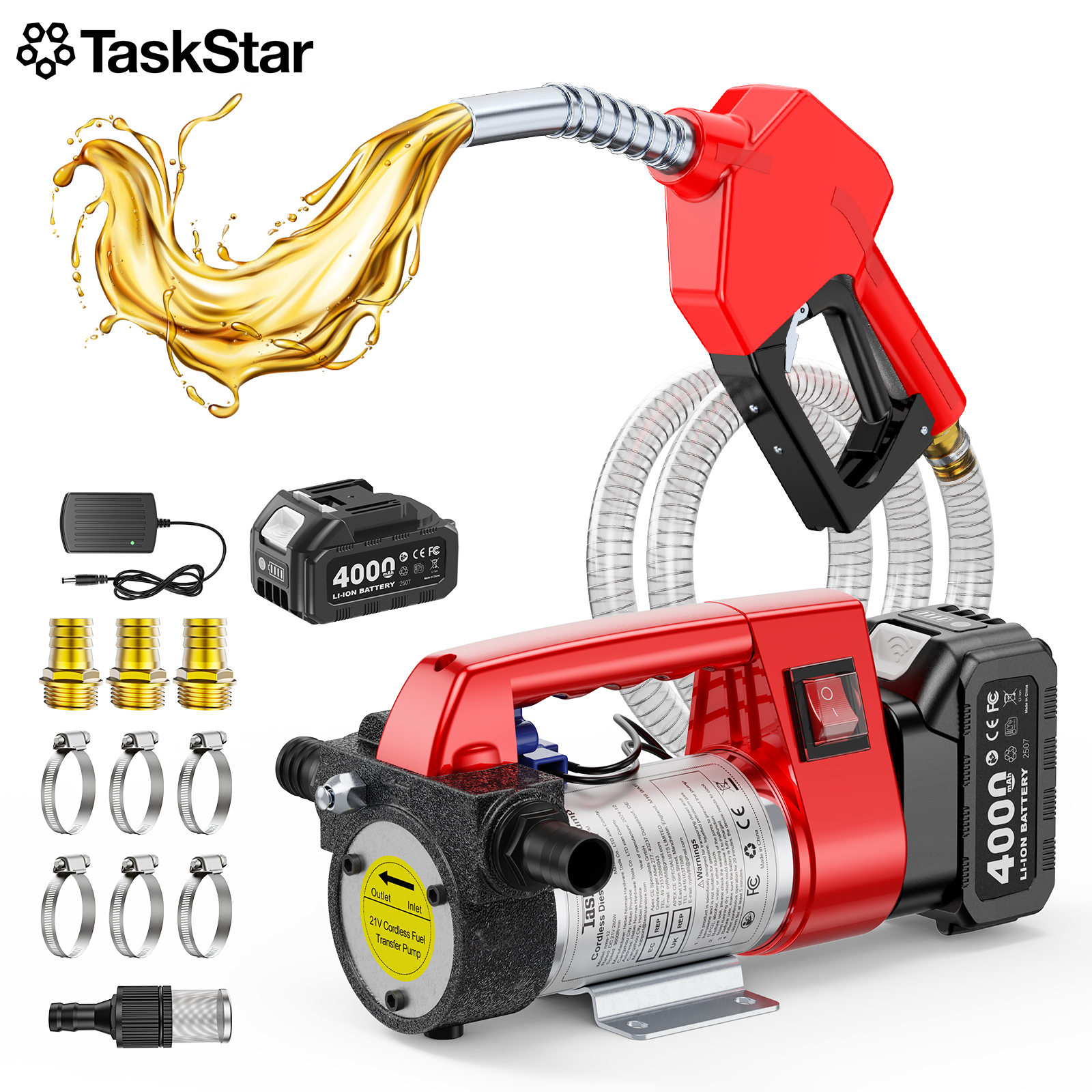 Taskstar コードレス燃料移送ポンプ 12GPM 2x6.6FT ホース付き電動ディーゼル灯油移送キット 18V マキタバッテリーピン用