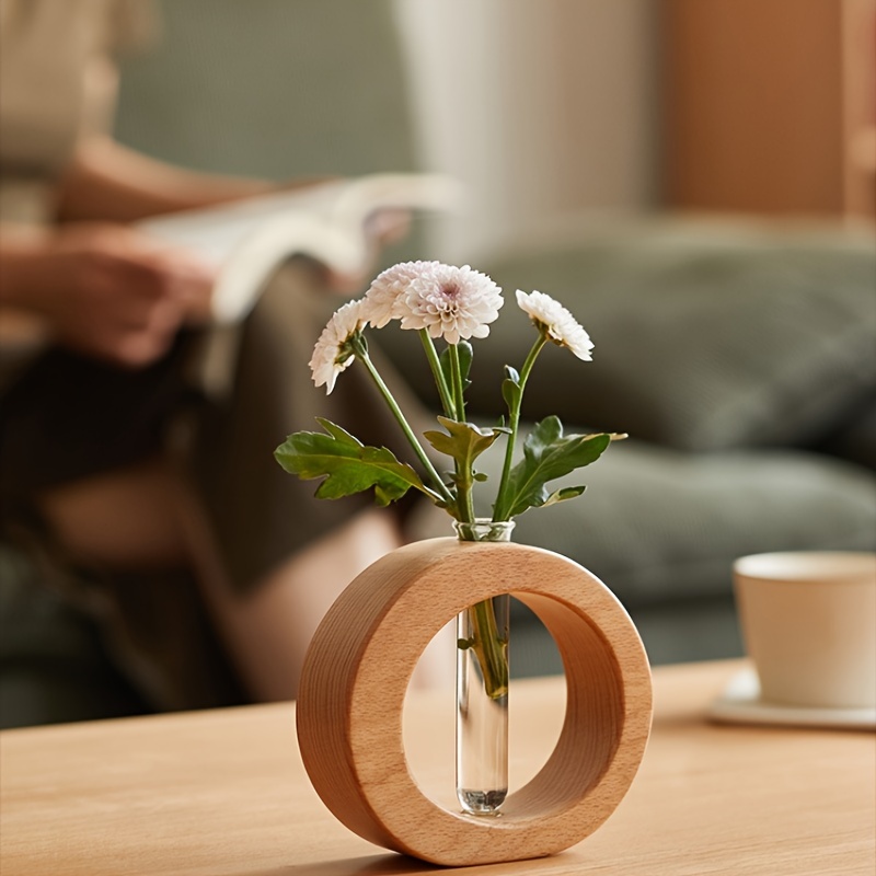 生花用のシックな丸いガラス花瓶 - 木製ベース、リビングルームの水耕栽培植物の装飾