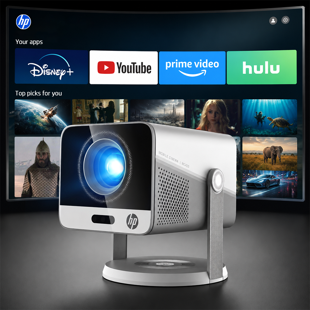 HP 公式認定プロジェクター 1080P フル HD ホームシネマポータブルミニビデオビーマー 4K サポート WiFi ワイヤレス電話スクリーンミラーリング寝室リビングルームオフィス用