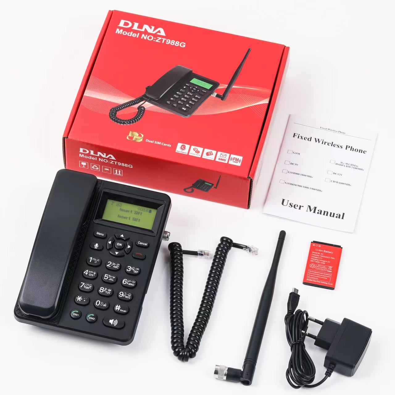 固定無線携帯電話 2G GSM 850/900/1800/1900 MHz (ロシア語、アラビア語、英語、フランス語、ポルトガル語、スペイン語、タイ語用)
