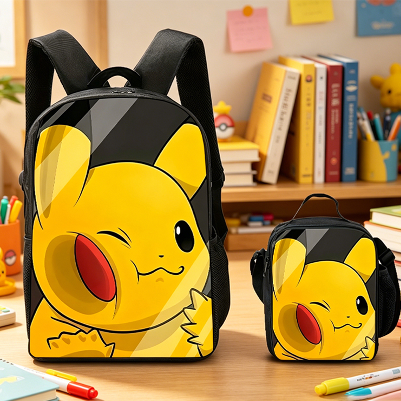 2 個アニメポケモンバックパックランチバッグ学生のための漫画かわいいピカチュウ通学弁当箱ブック文具収納バックパック