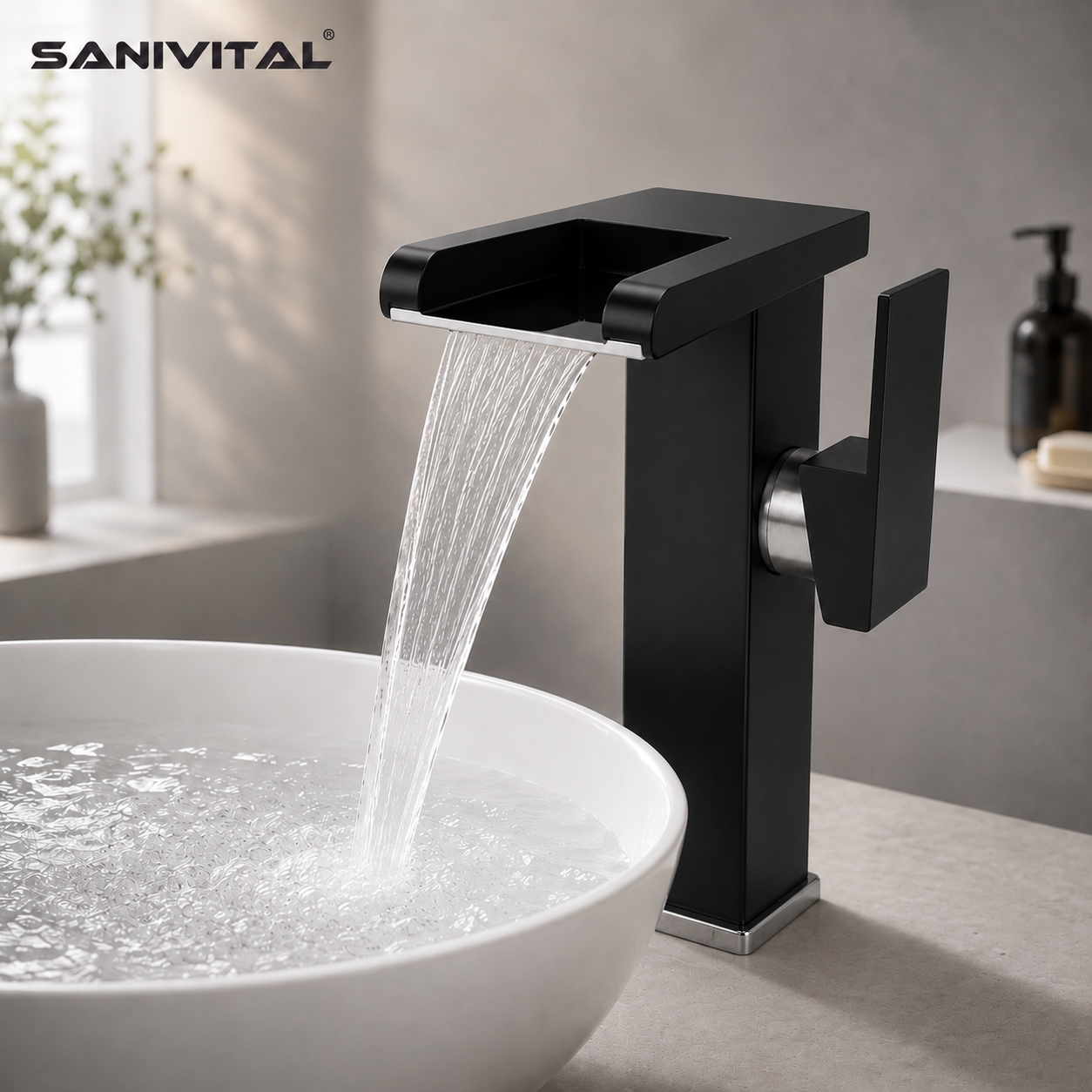 SANIVITAL マットブラック背の高い滝の浴室の容器のシンクの蛇口シングルレバーホットコールドミキサータップ