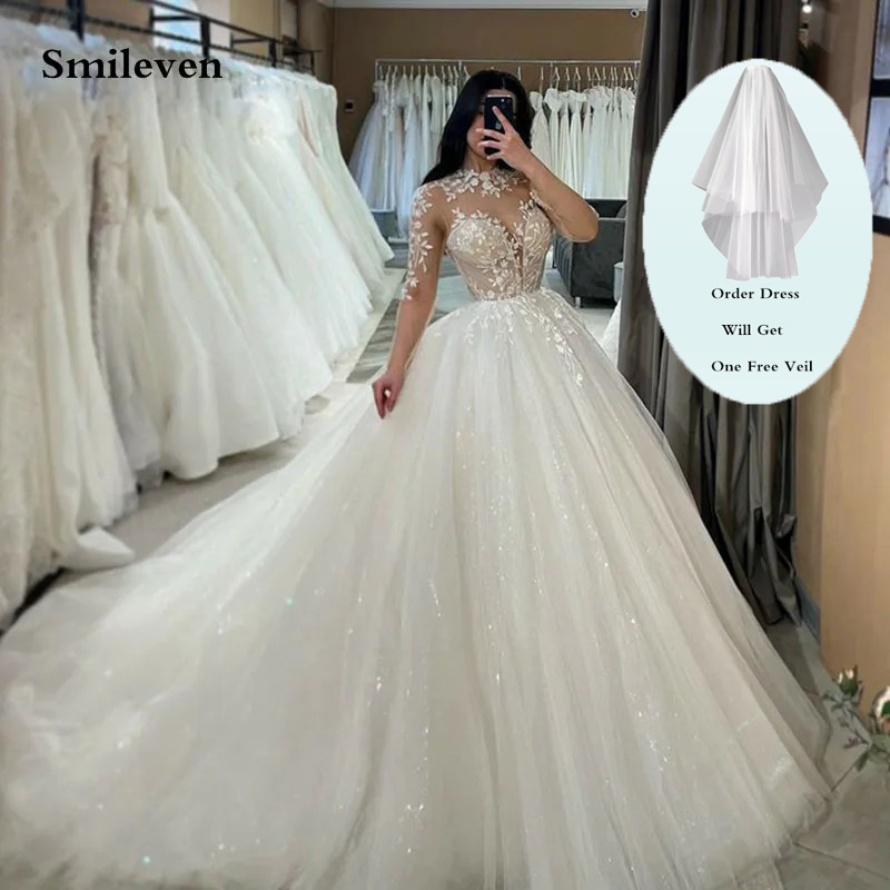 Smileven 長袖レースのウェディングドレス A ラインハイネック光沢のあるアップリケブライダルドレスグリッターチュール Vestidos デ novia 2026