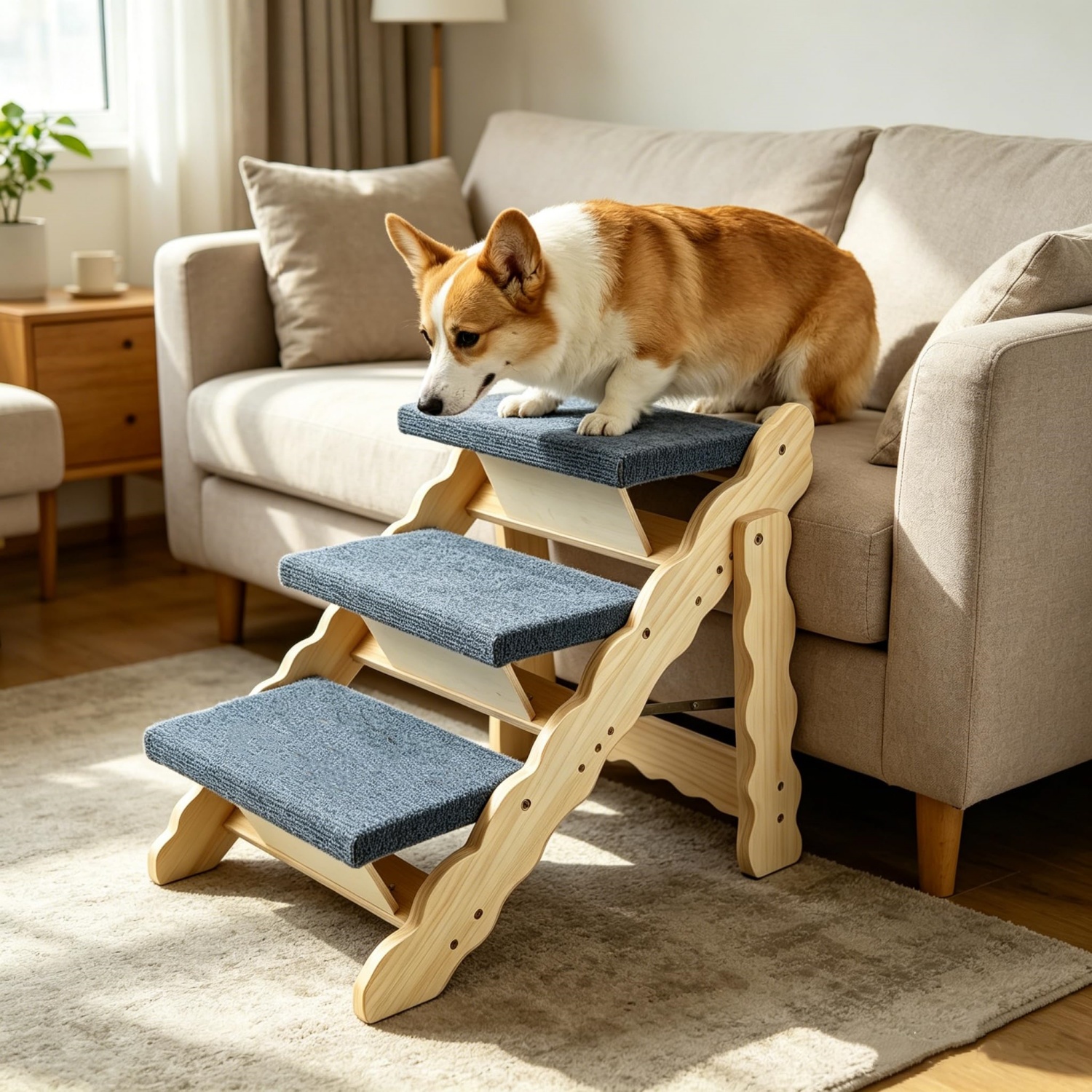 2-in-1 折りたたみ式木製犬用階段とベッド、ソファ、車用スロープ – 3ステップ/4ステップ滑り止めペット用はしご、安定した室内犬用家具、最大150ポンドまでの小型犬から大型犬までサポート