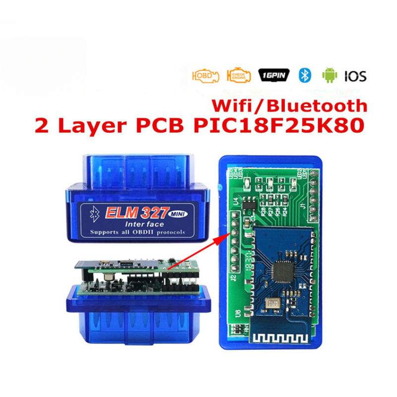 スーパーミニ ELM327 Bluetooth V1.5 自動コードリーダーデュアル PCB は Android Symbian 2 層ハードウェア PIC18F25K80 チップで動作します