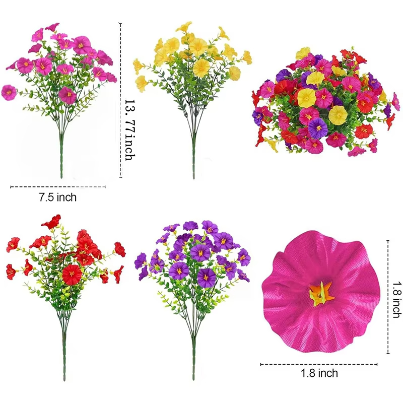 4 バンドル造花フェイクシルク朝顔の花ユーカリ植物 UV 耐性ガーデンサマーハウス屋外装飾