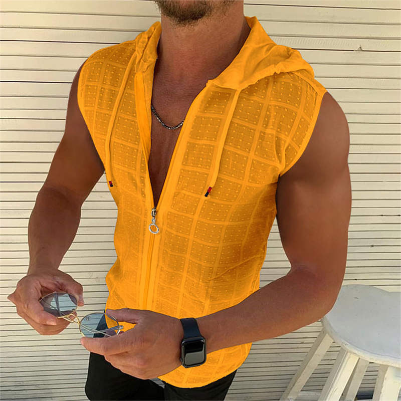 半袖フード付きジッパー付きカーディガン Tシャツメンズ夏用新しいファッショナブルなチェック柄ノースリーブTシャツメンズラペルトップ用