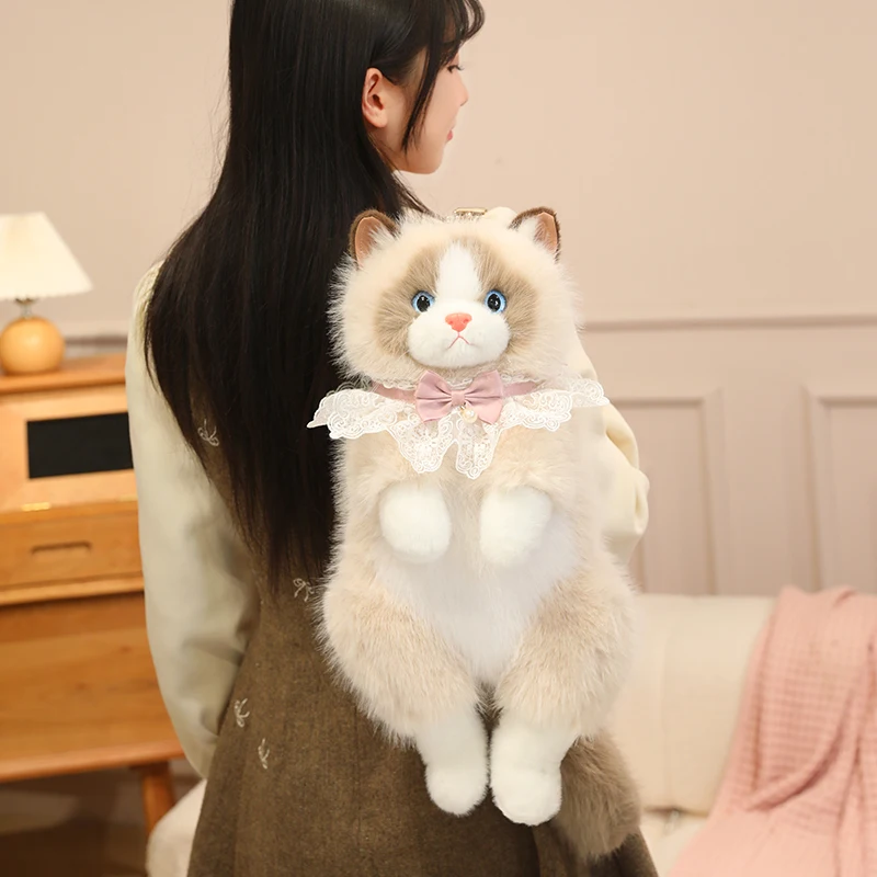 愛らしいリアルなラグドール猫ぬいぐるみバックパックソフトふわふわ白黒猫ショルダーバッグ調節可能なストラップ付きかわいい猫バッグ