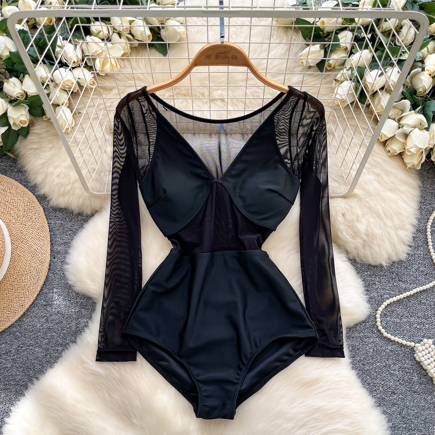 女性 Hotsweet スプライシングメッシュ長袖スリムヴィンテージストラップボディスーツシックなジャンプスーツスリムトップ衣類