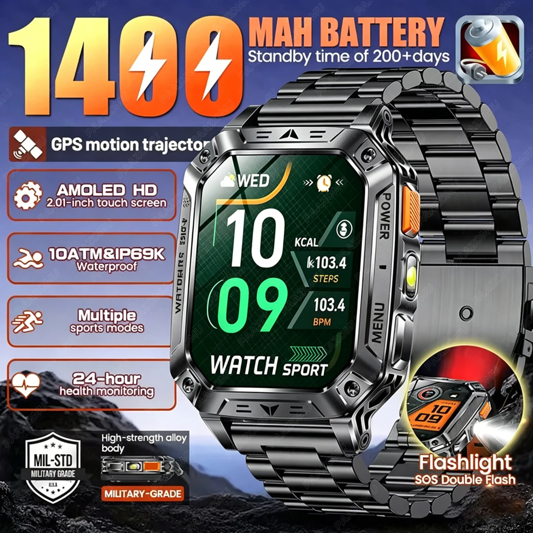 2026 新 1400mAh ビッグバッテリースマートウォッチメンズ屋外 GPS 懐中電灯 10ATM 防水 Bluetooth 通話 AMOLED HD スポーツスマートウォッチ