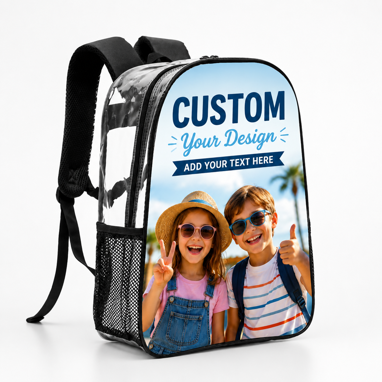 DIY Custom Photo Transparent PVC Backpack Waterproof Stadium Approved Book Bag Mesh Side Pocket Custom Print Travel Shoulder Bag