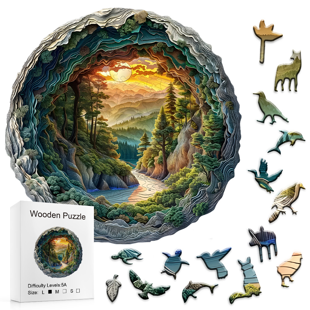 3D 山の森木製パズル、ユニークな不規則な形のピース、夕日の風景、大人用ジグソー