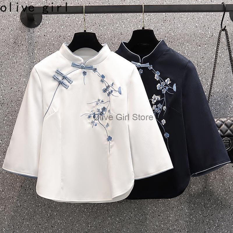 大刺繍袍シャツ夏中国風の伝統芸術レトロチャイナドレス女性服