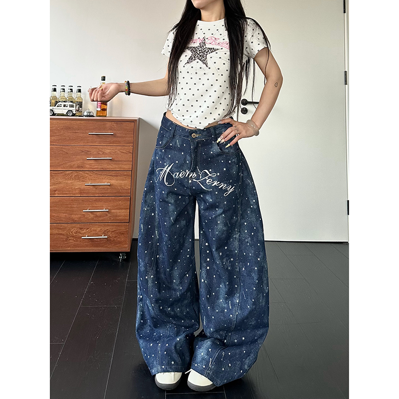 YIBASHU 女性のブルーレタージーンズヴィンテージ Y2k ヒップホップグランジボーイフレンドスタイルスタージーンズパンツだぶだぶワイドレッグデニムパンツ服